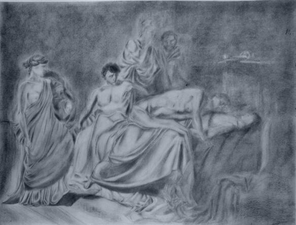 Achilles mourning Patroclus, Graphite on Paper